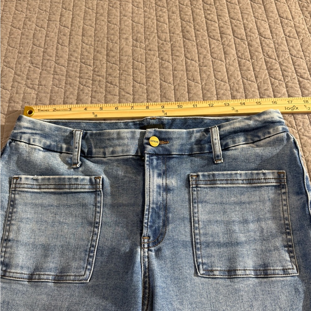 Express Mid Rise FlexX 70’s Flare Denim Jeans in Classic Blue - Picture 7 of 11